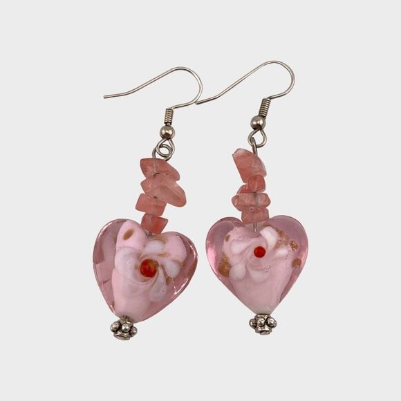 Vintage Pink Heart Earrings Puff Glass & Rose Quartz Earrings NWT - Picture 1 of 8